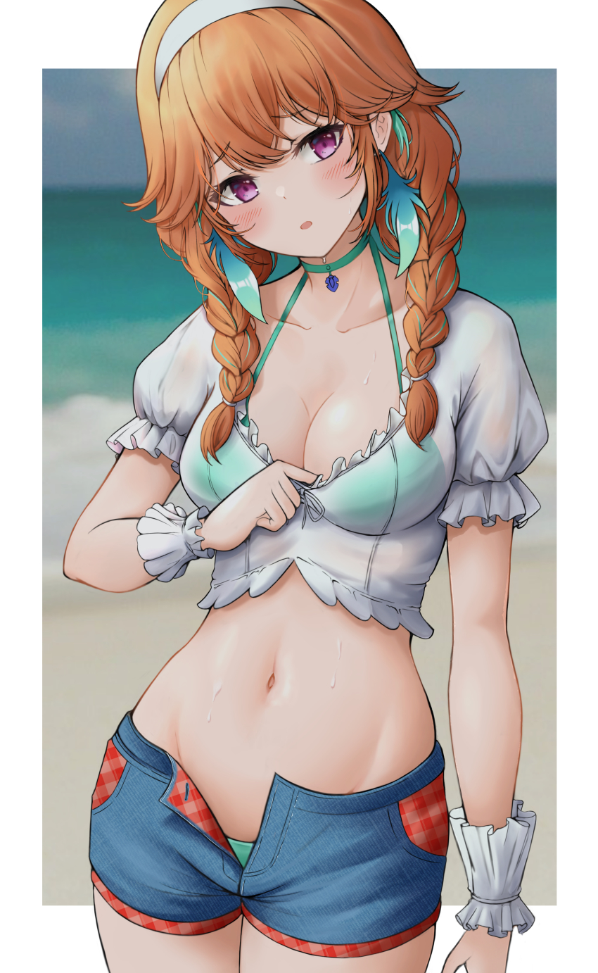 1girl, absurdres, aqua_choker, beach, bikini, blush, border, braid