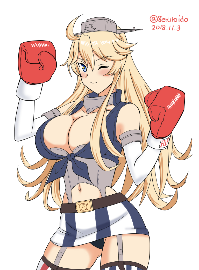 1girl, asymmetrical_legwear, belt_buckle, black_panties, blonde_hair, blue_eyes, boxing_gloves, breasts