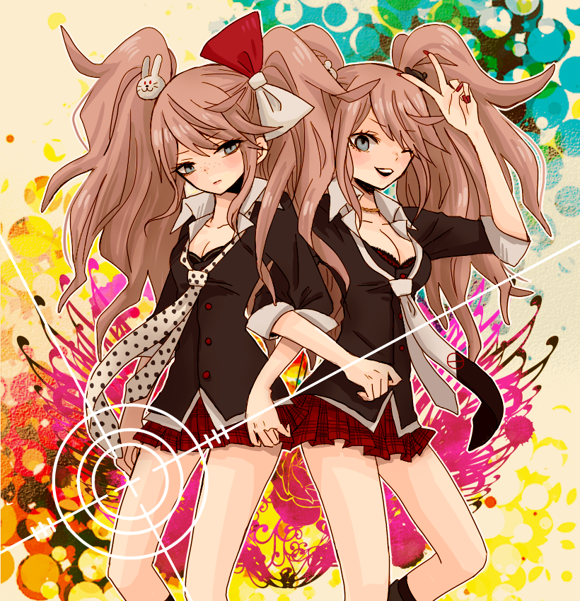 arms_up, bear_hair_ornament, black_shirt, blush, bow, bra, breasts, buttons