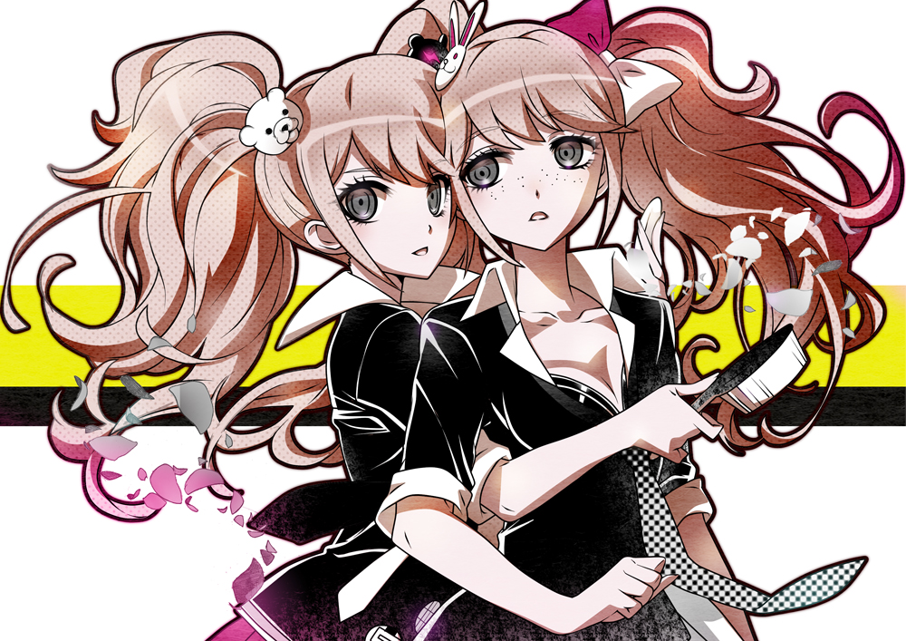 2girls, arm_around_another, arm_around_another's_waist, arm_up, badge, bear_hair_ornament, black_background, blonde_hair