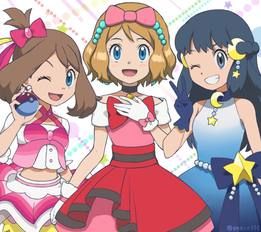 3girls, :d, ;d, blue_dress, blue_eyes, blush, bow, brown_hair