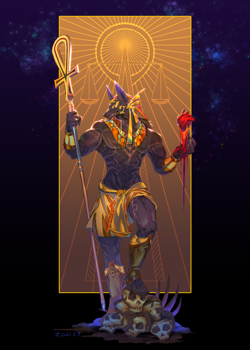 1boy, abs, ancient_egyptian, ancient_egyptian_clothes, animal_ears, anubis_(mythology), balance_scale, bara, bare_pectorals, blood, bone, bracelet, earrings, egyptian_art, egyptian_mythology, floating, floating_object, full-body_tattoo, full_body, furry, furry_male, heart_(organ), highres, holding, holding_staff, jackal_boy, jackal_ears, jewelry, looking_at_viewer, lrpanda00, male_focus, muscular, muscular_male, navel, necklace, nipples, original, pectorals, pelvic_curtain, skull, solo, staff, stomach, tattoo, thighs, weighing_scale