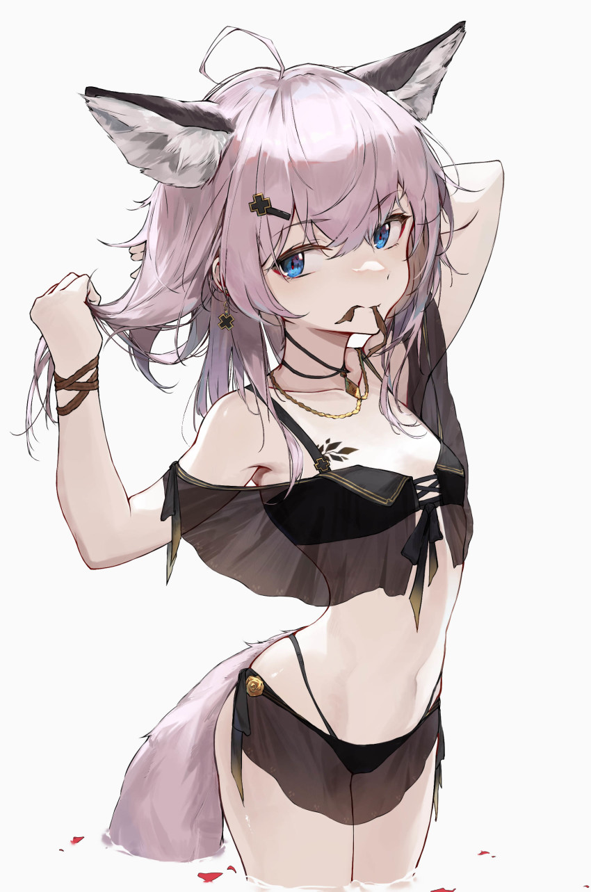 1girl, absurdres, ahoge, animal_ears, arknights, bikini, black_bikini, blue_eyes