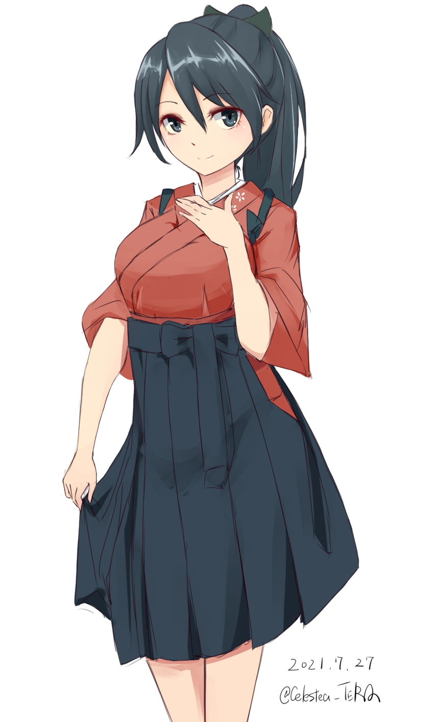 1girl, black_eyes, black_hair, black_hakama, celestea_tera, dated, feet_out_of_frame, hakama