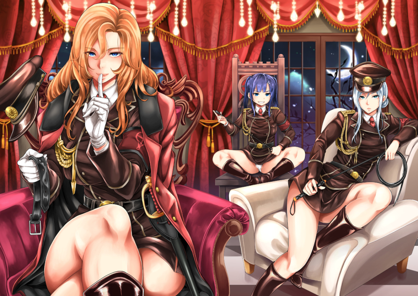 3girls, bare_legs, belt, blue_eyes, blue_hair, boots, breasts, cloud