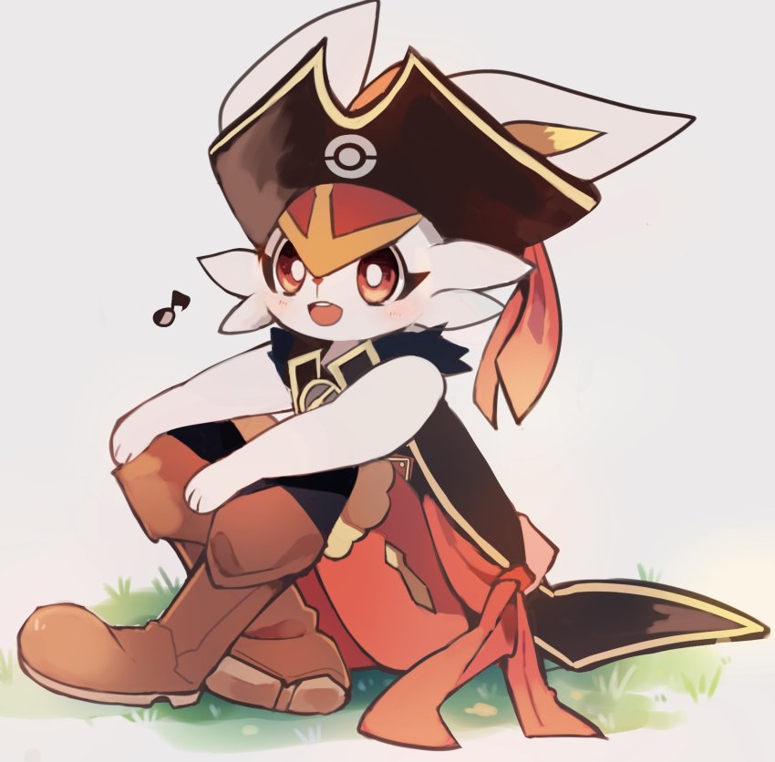 :d, blush, boots, bright_pupils, brown_footwear, cinderace, cinderace_(captain), clothed_pokemon