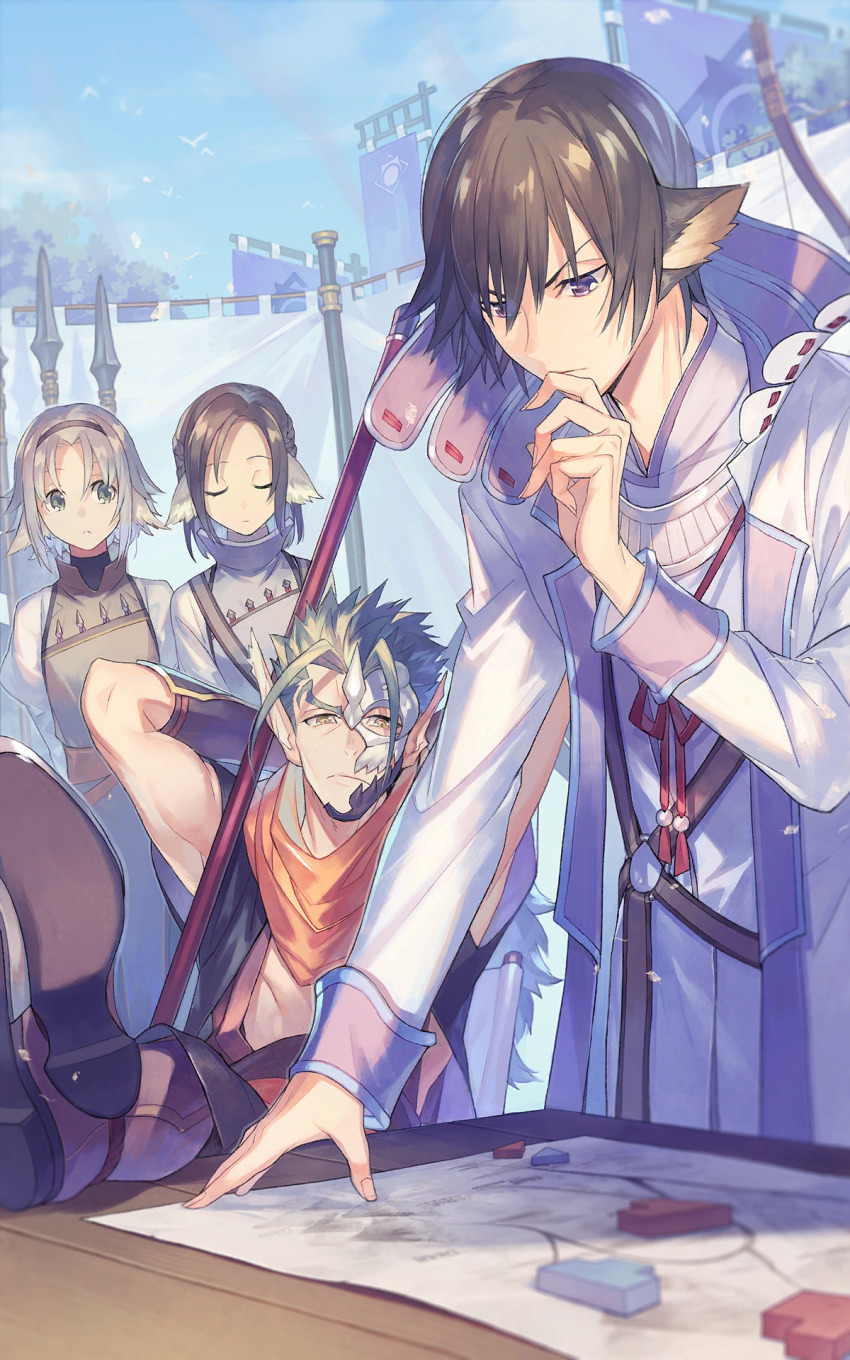 4boys, animal, animal_ears, aquaplus, bird, blonde_hair, blue_sky, brothers