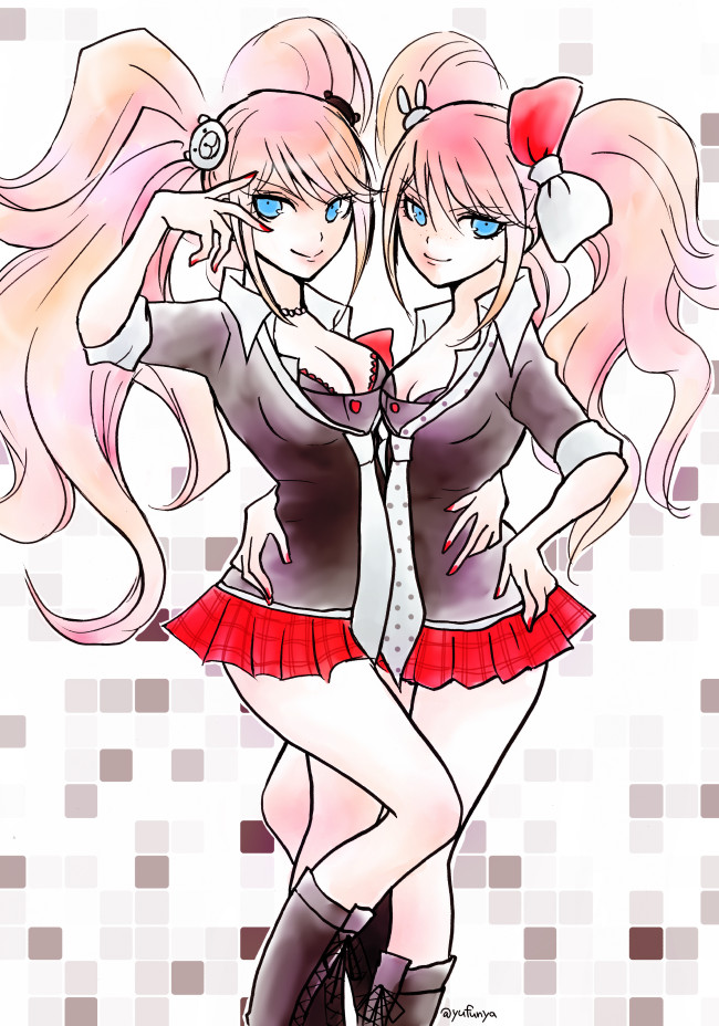 2girls, arm_around_another's_waist, bear_hair_ornament, black_footwear, black_shirt, blonde_hair, blue_eyes, boots