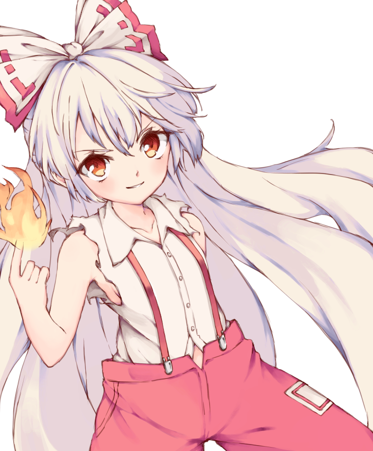 1girl, bow, buttons, collared_shirt, cycloneyukari, fire, fujiwara_no_mokou, grin