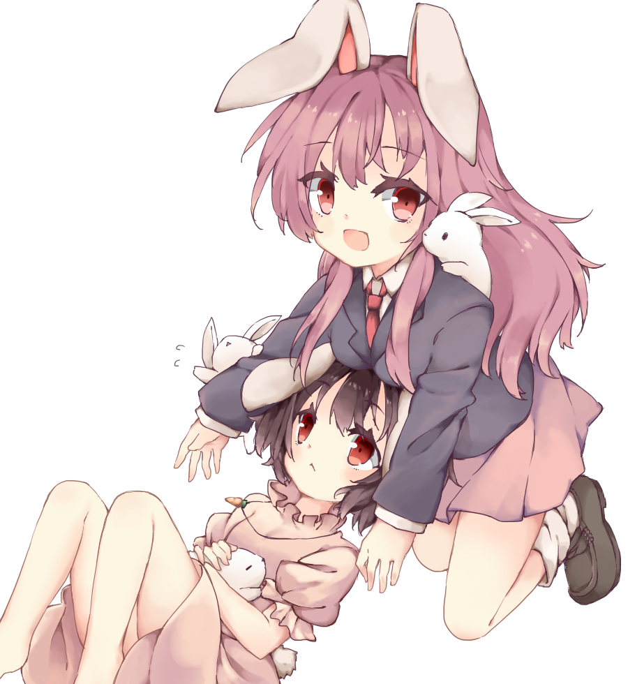 2girls, :d, animal, animal_ears, black_footwear, black_hair, blazer, carrot_necklace