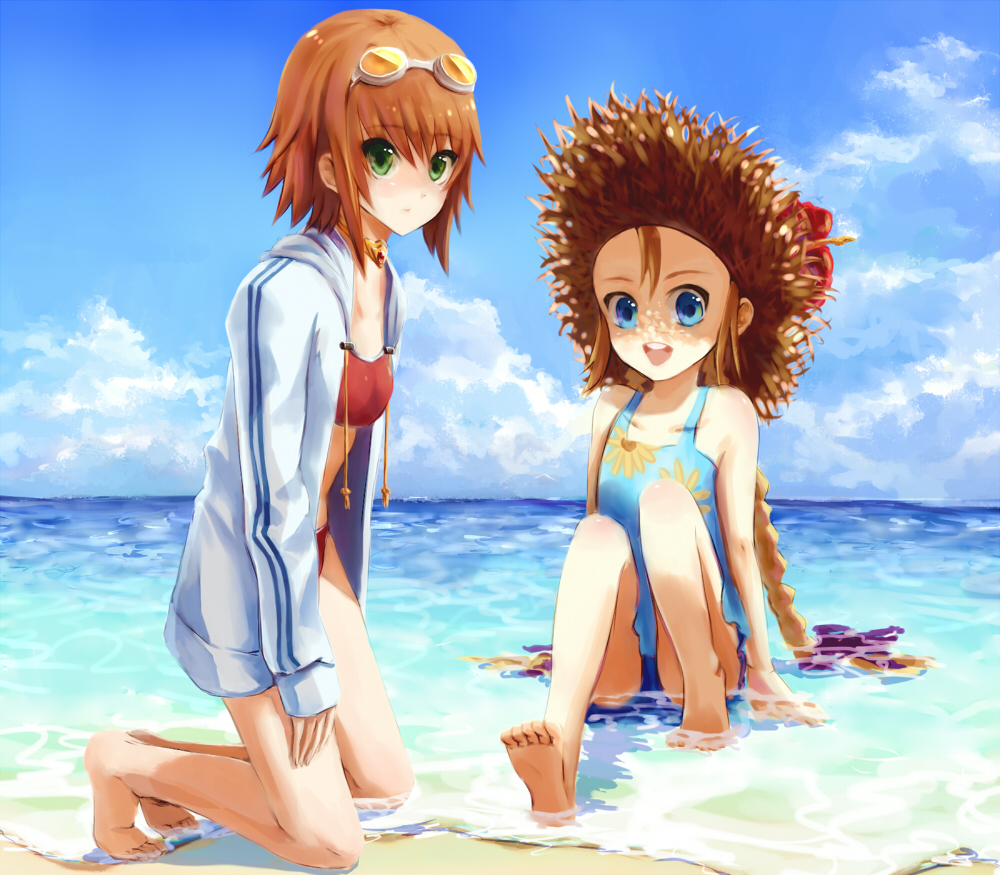 00s, 2girls, barefoot, beach, bikini, blonde_hair, blue_eyes, braid