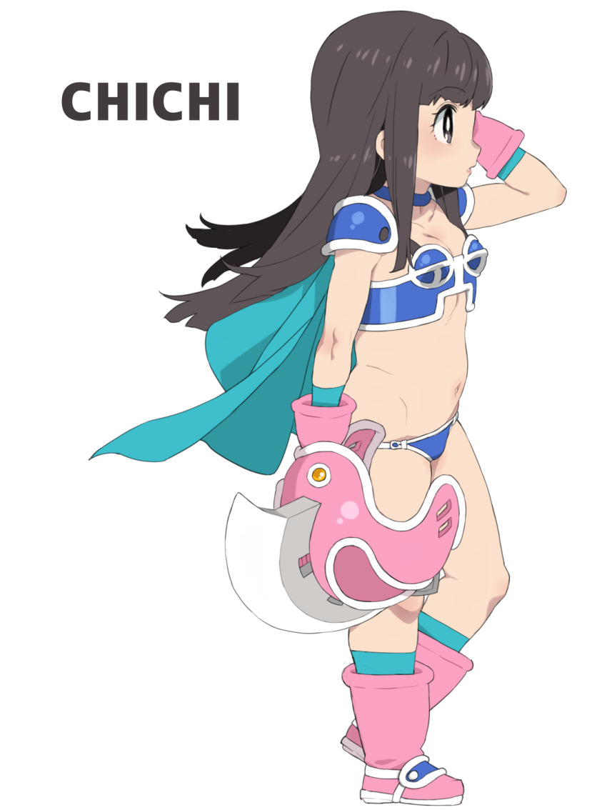 1girl, arm_up, armor, bikini, bikini_armor, black_eyes, black_hair, blue_bikini