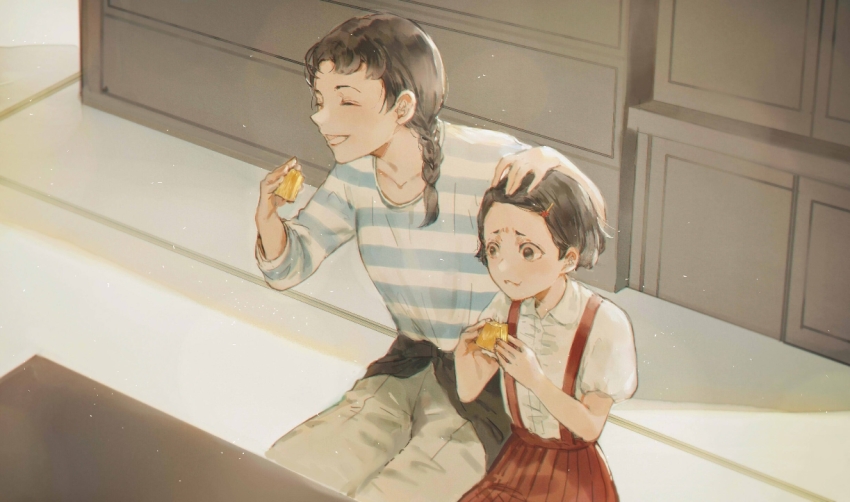 2girls, aged_down, bad_arm, black_eyes, black_hair, braid, ckr4.8_(shiren), closed_eyes