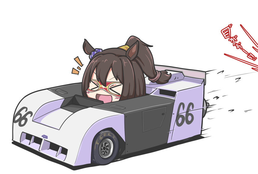 1girl, animal_ears, brown_hair, car, chaparral_2j, chaparral_cars, domino_mask, ear_ornament, el_condor_pasa_(umamusume), eye_mask, high_ponytail, highres, horse_ears, horse_girl, le_mans_prototype, mask, motor_vehicle, ponytail, race_vehicle, racecar, sakusan_(ss-awesome), solo, translated, umamusume, vehicle_focus