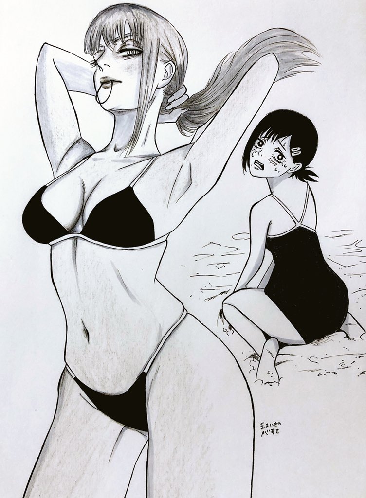 2girls, adjusting_hair, barefoot, bikini, black_bikini, black_eyes, black_hair, breasts, chainsaw_man, cleavage, hair_ornament, hair_tie_in_mouth, hairclip, higashiyama_kobeni, long_hair, looking_at_viewer, looking_back, makima_(chainsaw_man), maruimonoga, medium_breasts, mole, mole_on_cheek, mole_under_mouth, monochrome, mouth_hold, multiple_girls, multiple_moles, ponytail, ringed_eyes, seiza, sitting, sweat, swimsuit, wariza