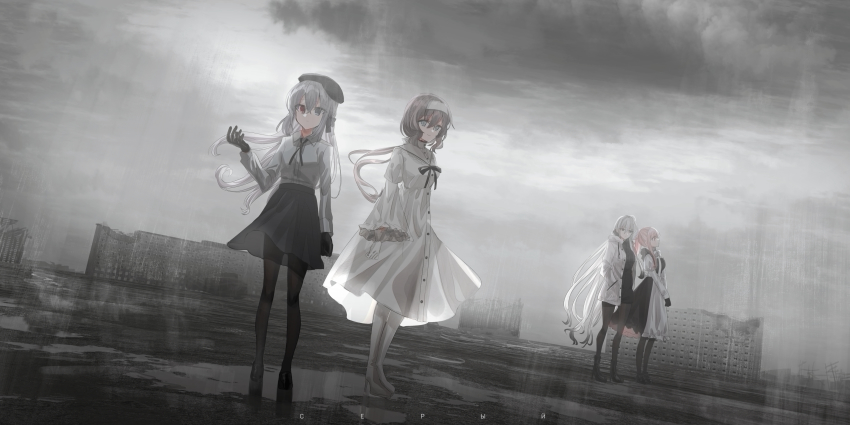 4girls, absurdres, apron, beret, black_dress, black_footwear, black_headwear, black_legwear