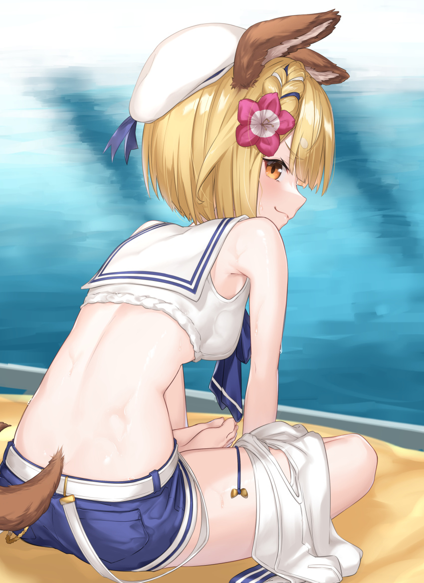 1girl, absurdres, animal_ears, back, bare_shoulders, barefoot, belt, blonde_hair