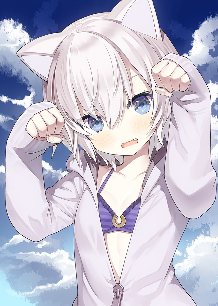 1girl, animal_ears, arms_up, bikini, bikini_under_clothes, blue_eyes, blue_sky, blush, breasts, capriccio, cat_ears, cloud, cloudy_sky, commentary_request, day, fang, frilled_bikini, frills, hair_between_eyes, hood, hood_down, hooded_jacket, jacket, kapu_rinko, long_sleeves, looking_at_viewer, open_mouth, original, outdoors, paw_pose, purple_bikini, sky, sleeves_past_wrists, small_breasts, solo, striped_bikini, striped_clothes, swimsuit, upper_body, wavy_mouth, white_hair, white_jacket
