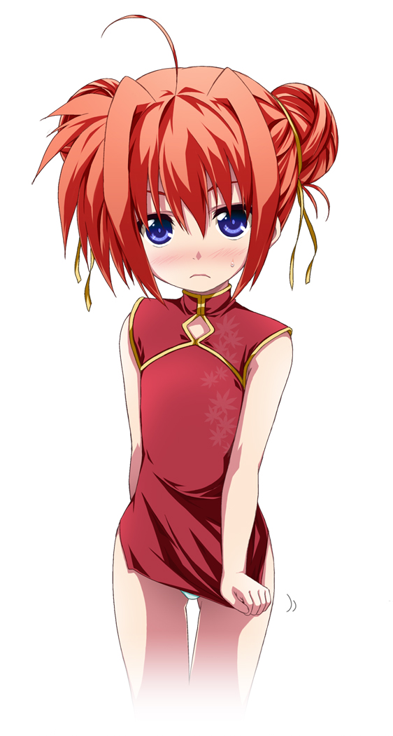 00s, 1girl, ahoge, bad_id, bad_pixiv_id, blue_eyes, blush, child, china_dress, chinese_clothes, cosplay, double_bun, dress, embarrassed, female_focus, flat_chest, gintama, hair_bun, kagura_(gintama), kagura_(gintama)_(cosplay), lyrical_nanoha, mahou_shoujo_lyrical_nanoha, mahou_shoujo_lyrical_nanoha_a's, orange_hair, panties, purple_eyes, solo, sweatdrop, underwear, vita_(nanoha), yokoyama_kouji