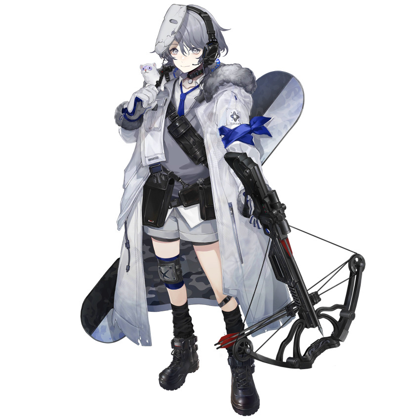 1boy, animal, black_legwear, blouse, blue_necktie, boots, bow_(weapon), coat