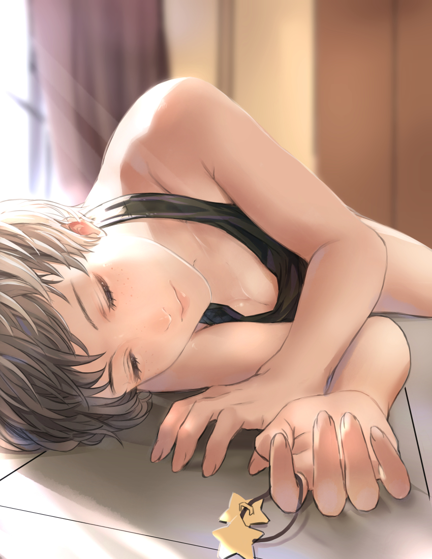 1girl, absurdres, bare_shoulders, black_tank_top, blurry, blush, breasts, brown_hair