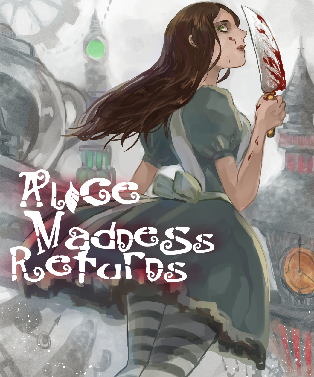 1girl, alice:_madness_returns, alice_(alice_in_wonderland), american_mcgee's_alice, black_hair, blood, breasts, closed_mouth