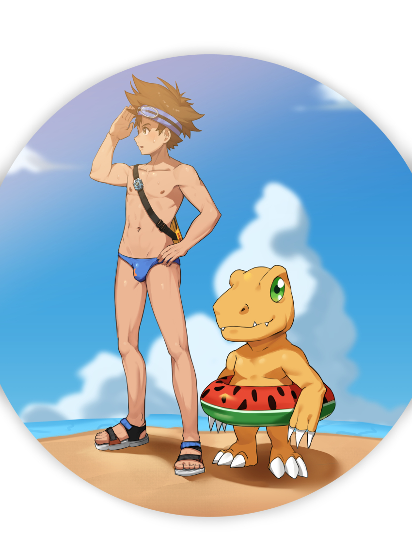 1boy, absurdres, agumon, bad_id, bad_pixiv_id, beach, blue_male_swimwear, blue_sky, blue_swim_briefs, brown_eyes, brown_hair, bulge, digimon, digimon_(creature), digimon_adventure, goggles, goggles_on_head, highres, innertube, lif_(shuroong), male_focus, male_swimwear, navel, nipples, sand, sandals, sky, spiked_hair, sweat, swim_briefs, swim_ring, swimsuit, water, yagami_taichi