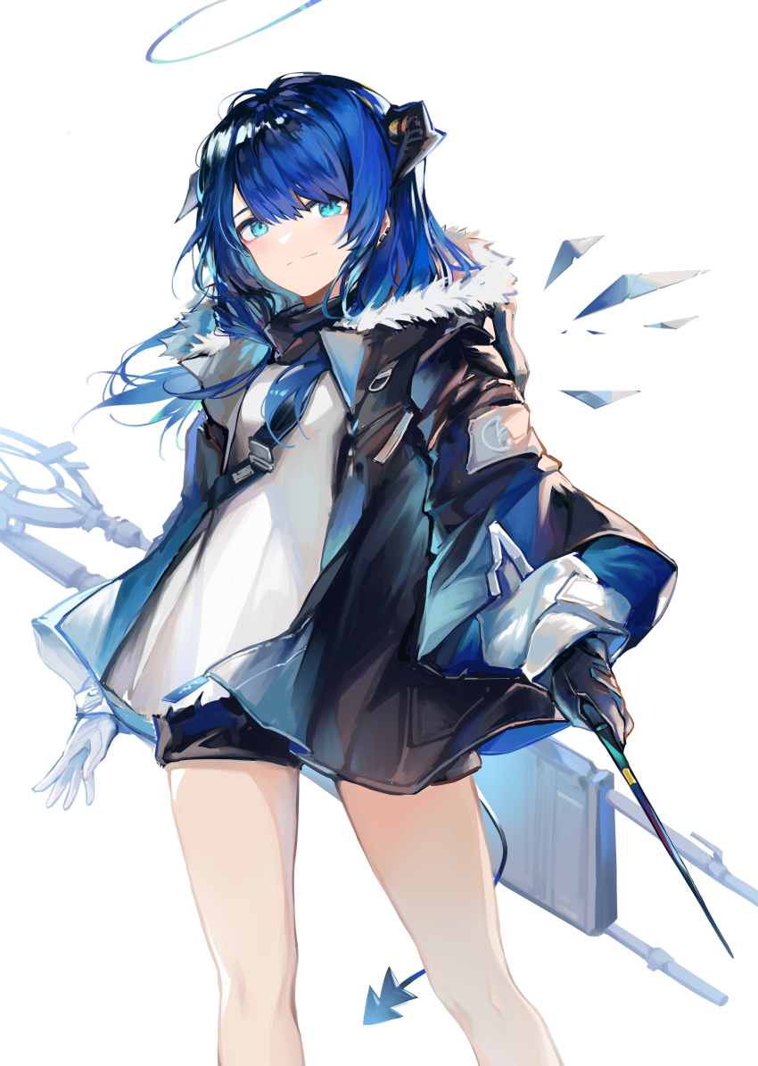 1girl, absurdres, arknights, asymmetrical_gloves, black_gloves, black_jacket, black_shorts, blue_eyes