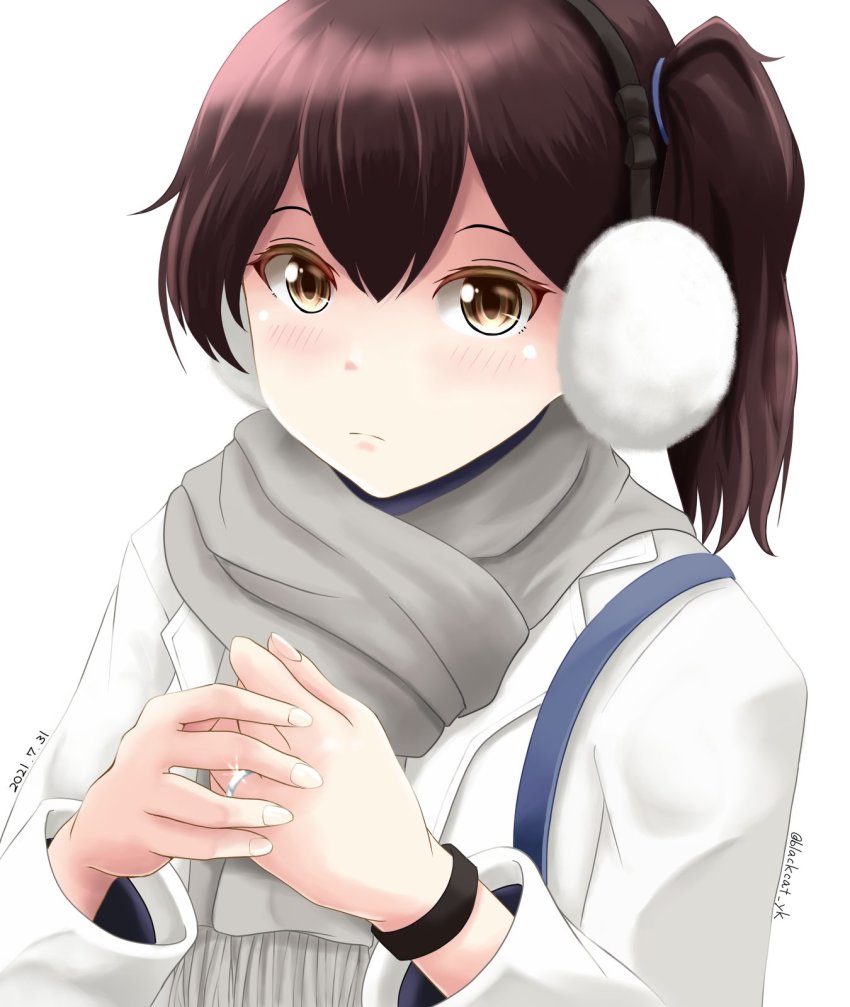 1girl, brown_eyes, brown_hair, coat, commentary_request, earmuffs, grey_scarf, highres