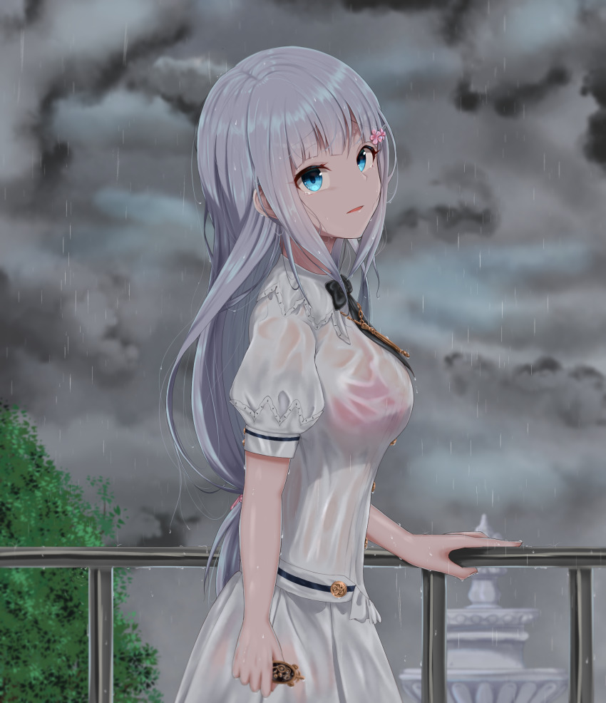 1girl, blue_eyes, bra, bra_visible_through_clothes, breasts, cloud, cloudy_sky, fountain