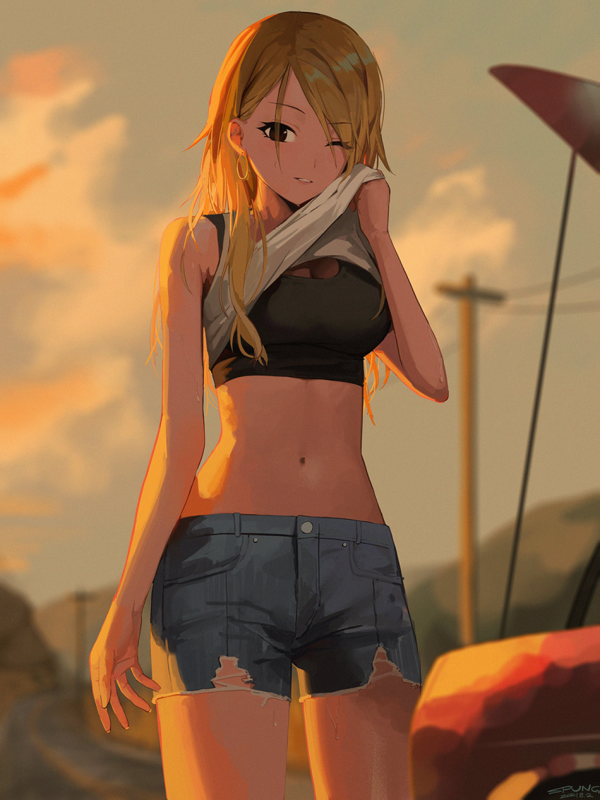 1girl, bad_id, bad_pixiv_id, blonde_hair, clothes_lift, denim, earrings, evening