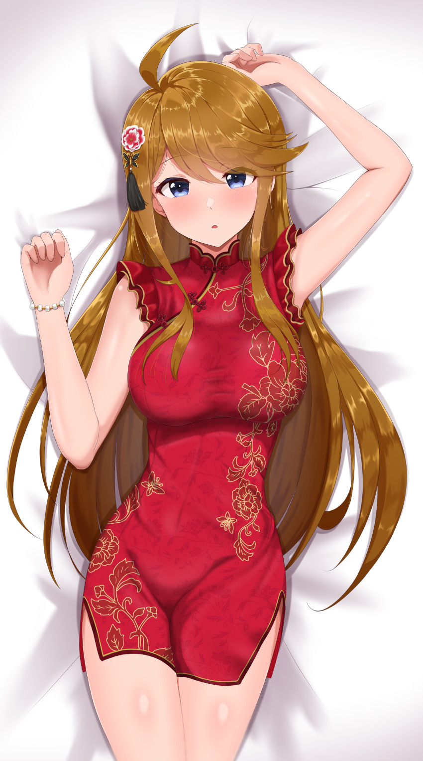 1girl, absurdres, ahoge, arm_up, bed_sheet, blue_eyes, breasts, brown_hair