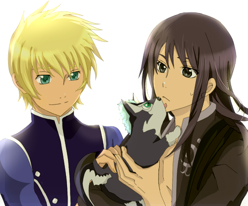 00s, 2boys, aiko_(498209), baby_animal, black_eyes, black_hair, blonde_hair, dog, flynn_scifo, flynn_scifo_(light_fedrock_uniform), green_eyes, long_hair, lowres, male_focus, multiple_boys, puppy, repede_(tales), simple_background, smile, tales_of_(series), tales_of_vesperia, uniform, upper_body, white_background, yuri_lowell
