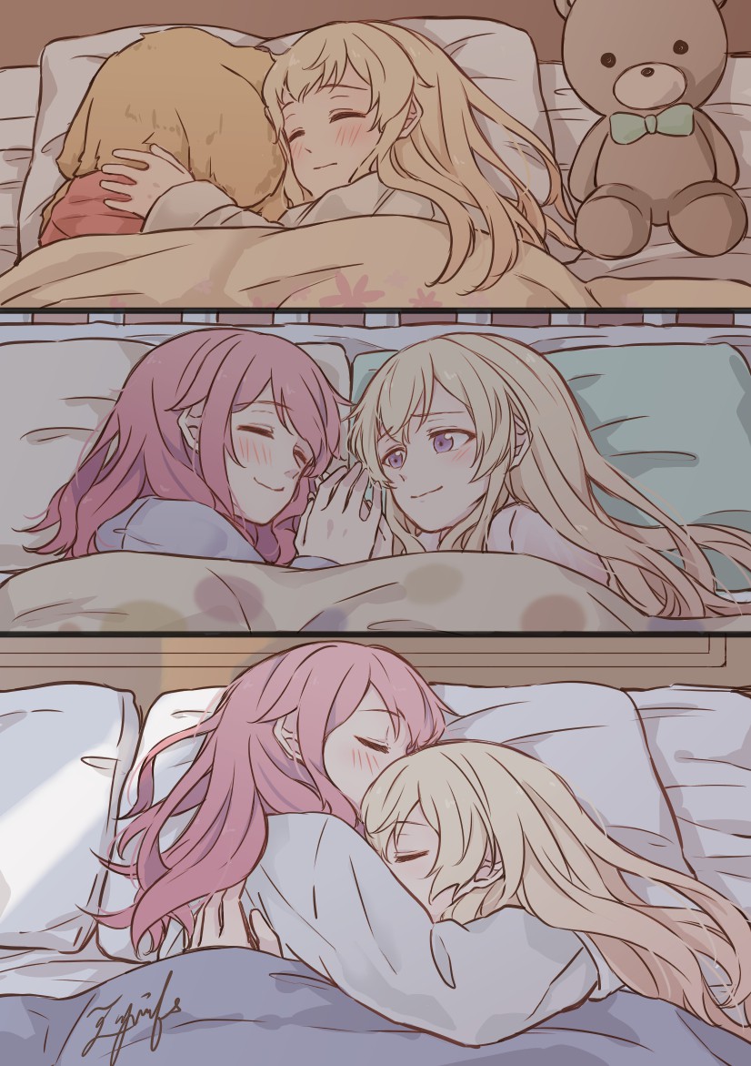 2girls, aged_down, aiiro_bokujuu, bang_dream!, bang_dream!_girls_band_party!, bed, blonde_hair, closed_eyes, dog, holding_hands, hug, long_hair, lying, maruyama_aya, multiple_girls, on_bed, pink_hair, progression, purple_eyes, shirasagi_chisato, signature, sleeping, smile, stuffed_animal, stuffed_toy, teddy_bear, yuri