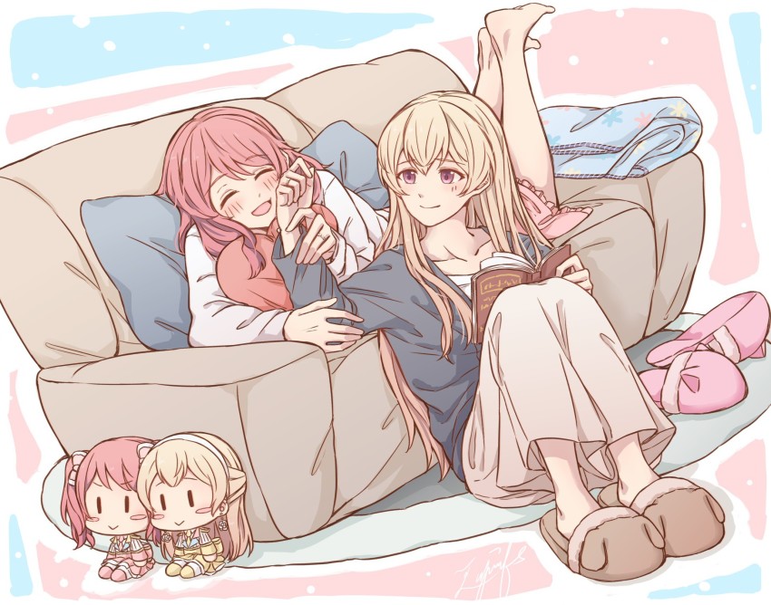 2girls, ^_^, aiiro_bokujuu, animal_slippers, bang_dream!, bang_dream!_girls_band_party!, barefoot, blush