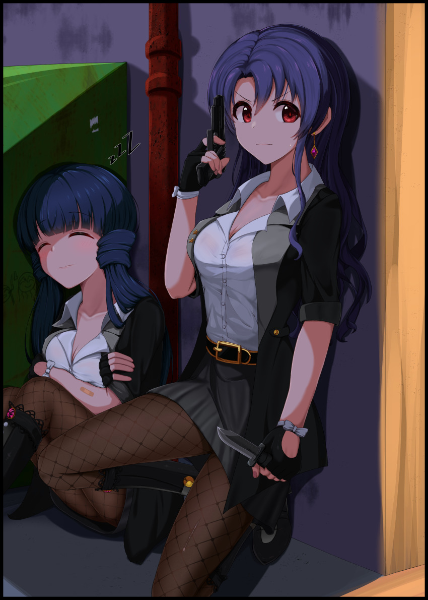 2girls, absurdres, alley, belt, black_hair, black_legwear, blue_hair, breasts, cleavage, closed_eyes, finger_on_trigger, fingerless_gloves, fishnets, ggim_(kdnx8758), gloves, gun, handgun, highres, holding, holding_gun, holding_knife, holding_weapon, idolmaster, idolmaster_million_live!, idolmaster_million_live!_theater_days, jacket, kitakami_reika, knife, lady_grisaille_(idolmaster), long_hair, low_twintails, medium_breasts, multiple_girls, pantyhose, pistol, red_eyes, sleeping, sleeping_upright, takayama_sayoko, torn_clothes, torn_legwear, twintails, weapon, zzz