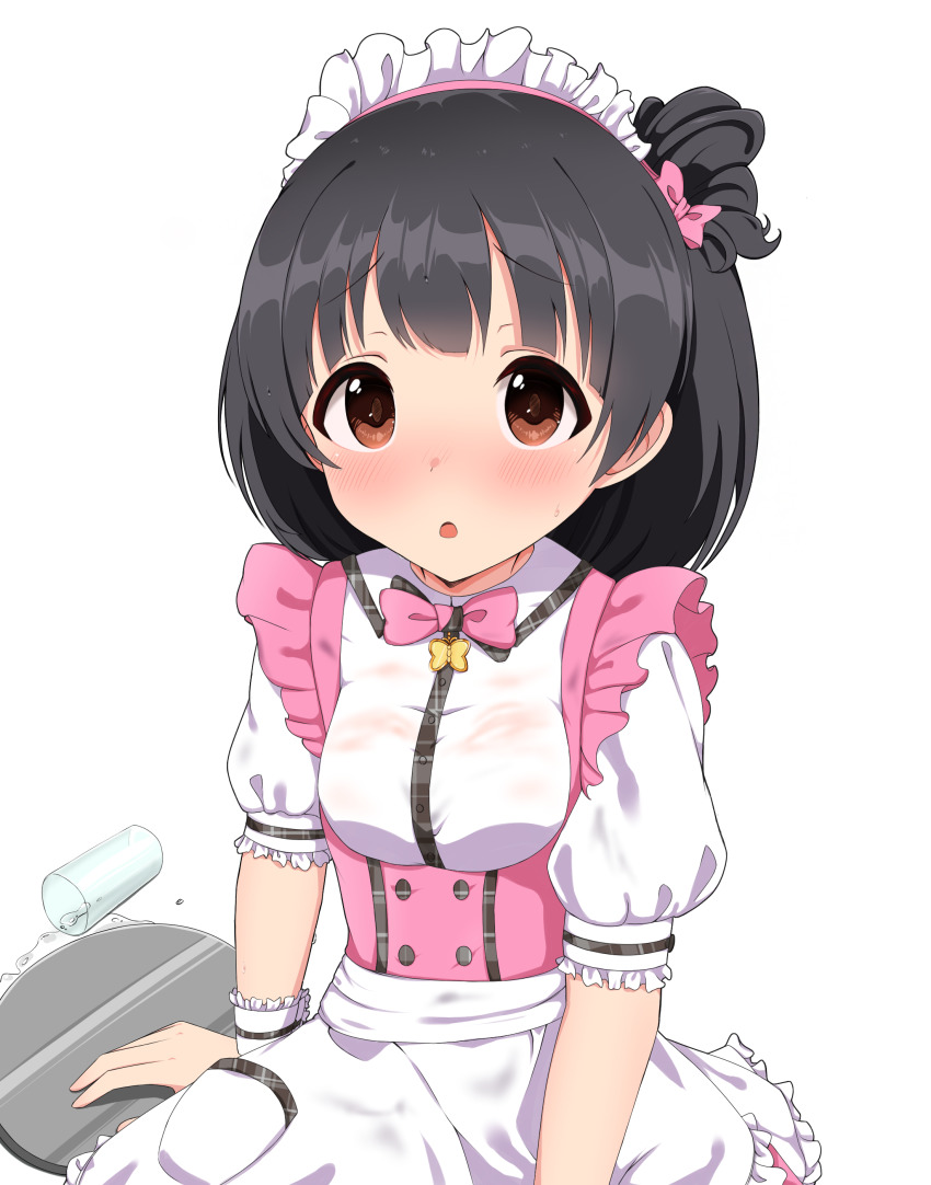 absurdres, alternate_costume, apron, black_hair, blush, breasts, brown_eyes, chestnut_mouth