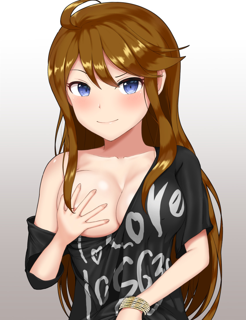 1girl, absurdres, ahoge, bangle, black_shirt, blue_eyes, blush, bracelet