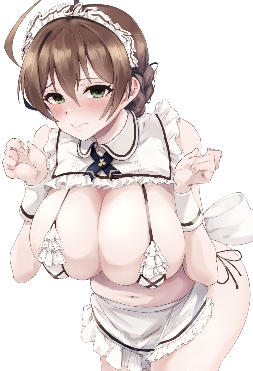 1girl, absurdres, ahoge, alternate_costume, apron, bikini, blush, breasts, brown_hair, cleavage, cowboy_shot, enmaided, fon_(96nokimihito), green_eyes, hanging_breasts, highres, idolmaster, idolmaster_million_live!, idolmaster_million_live!_theater_days, large_breasts, leaning_forward, maid, maid_apron, maid_bikini, maid_headdress, navel, sakuramori_kaori, short_hair, simple_background, solo, swimsuit, three_sisters_cafe_(idolmaster), unconventional_maid, white_background