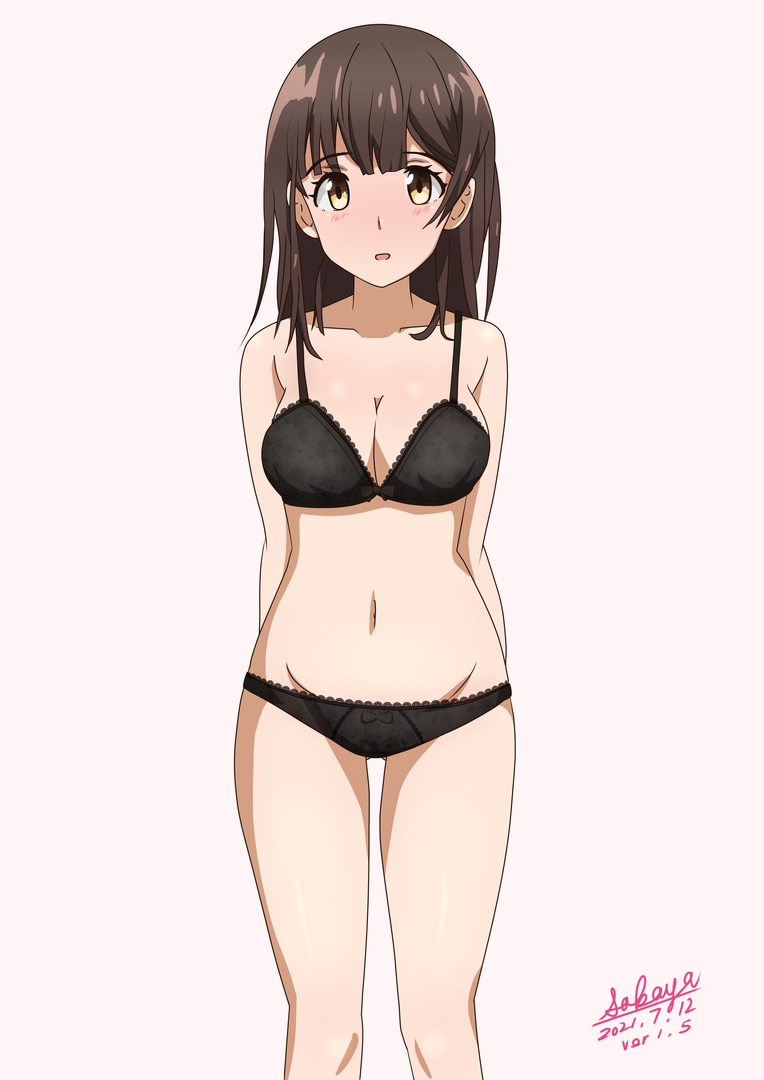 1girl, bare_arms, bare_shoulders, black_bra, black_panties, bow, bow_bra, bow_panties, bra, breasts, brown_background, brown_eyes, brown_hair, cleavage, collarbone, commentary_request, dated, feet_out_of_frame, female_focus, groin, hige_wo_soru._soshite_joshikousei_wo_hirou., long_hair, looking_at_viewer, medium_breasts, navel, ogiwara_sayu, open_mouth, panties, revision, sakayaya, signature, simple_background, solo, standing, underwear, underwear_only