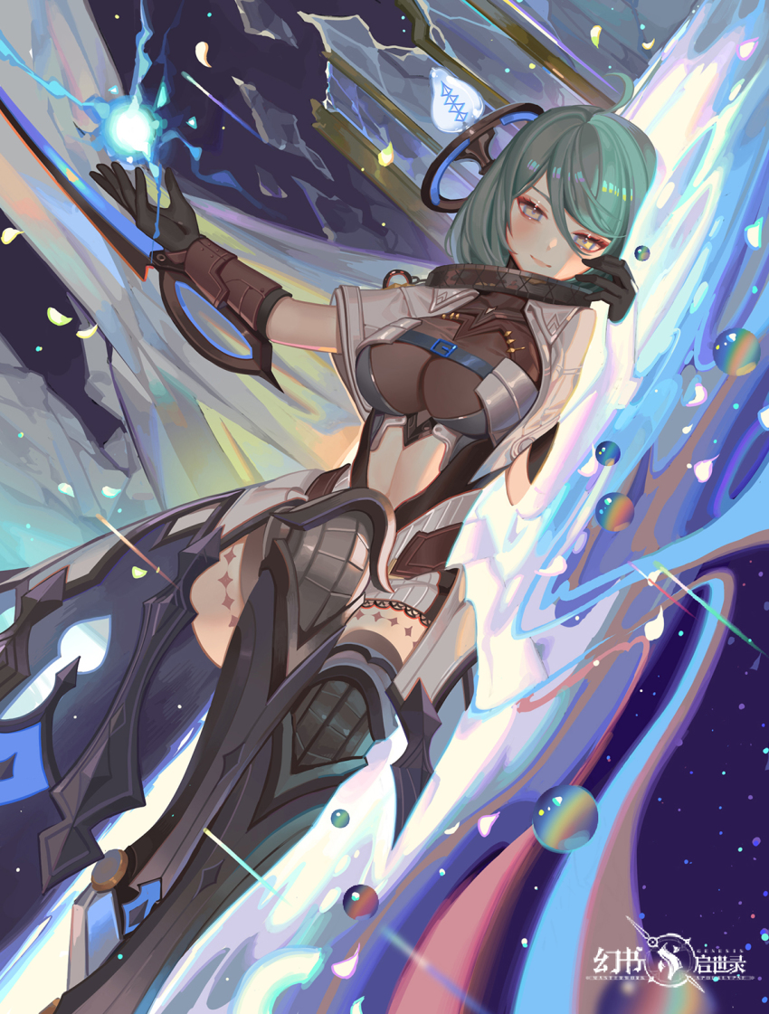 1girl, black_gloves, breasts, center_opening, closed_mouth, frankenstein_(masterwork_apocalypse), gloves, green_hair