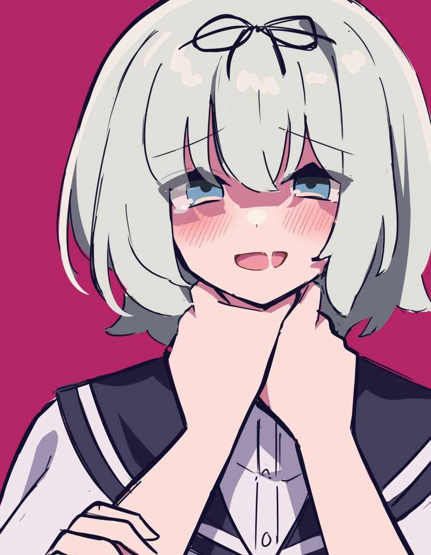 2girls, absurdres, black_ribbon, black_sailor_collar, blouse, blue_eyes, blush, commentary_request, female_pov, grey_hair, hair_ribbon, hanamura_hinako, hand_on_another's_arm, highres, kitanai_kimi_ga_ichiban_kawaii, multiple_girls, open_mouth, pov, purple_background, ribbon, sailor_collar, school_uniform, serafuku, sezaki_airi, shirt, short_hair, simple_background, solo_focus, strangling, tearing_up, uhouhogorigori, white_shirt