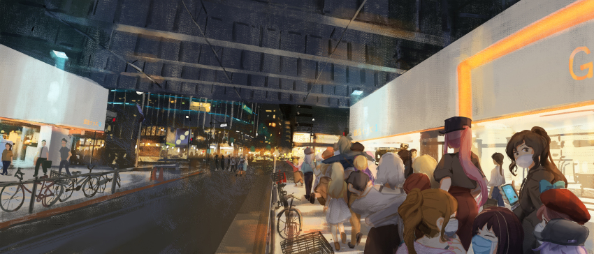 6+girls, a-chan_(hololive), absurdres, akai_haato, bag, bicycle, black_hair, blonde_hair, blue_hair, building, character_request, closed_eyes, commentary, contemporary, crosswalk, dress, glasses, handbag, hat, highres, hololive, hololive_english, hoshimachi_suisei, hoshimachi_suisei_(casual), houshou_marine, inugami_korone, jacket, kiryu_coco, long_dress, long_hair, mask, mixed-language_commentary, mori_calliope, mouth_mask, multiple_girls, nekomata_okayu, night, omaru_polka, omaru_polka_(casual), ookami_mio, pants, pink_hair, ponytail, purple_hair, real_world_location, scenery, shiranui_flare, shirogane_noel, shishiro_botan, shoes, short_hair, tokoyami_towa, tsunomaki_watame, virtual_youtuber, ye_fan, yozora_mel, yukihana_lamy