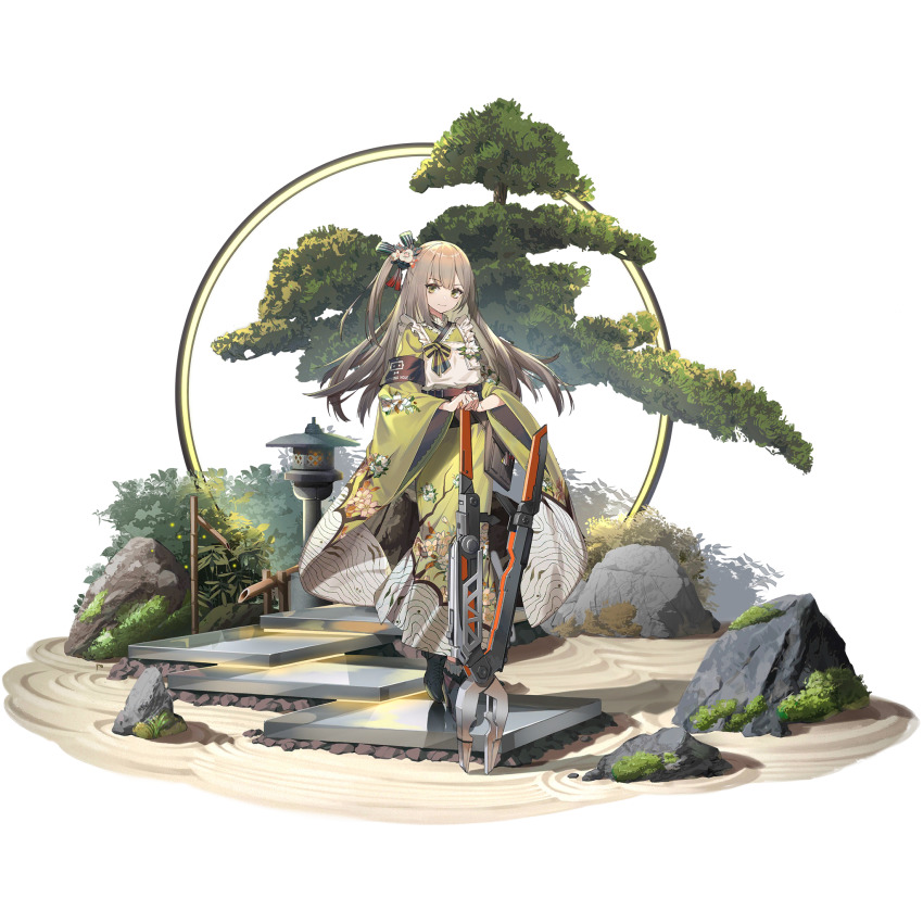 1girl, brown_hair, floral_print, full_body, game_cg, girls'_frontline, girls'_frontline_neural_cloud, green_eyes