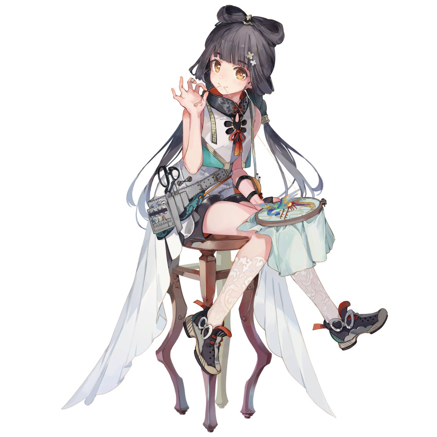 1girl, black_hair, blunt_bangs, chanzhi_(neural_cloud), dress, full_body, game_cg, girls'_frontline