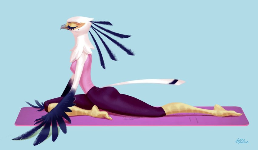 1girl, aggressive_retsuko, ass, beak, bird, blue_background, breasts, closed_eyes, eyelashes, feathers, female_focus, from_side, full_body, furry, holivi, legs, long_legs, profile, secretarybird, simple_background, stretching, tail, washimi_(aggretsuko), winged_hands, wings, yoga, yoga_mat