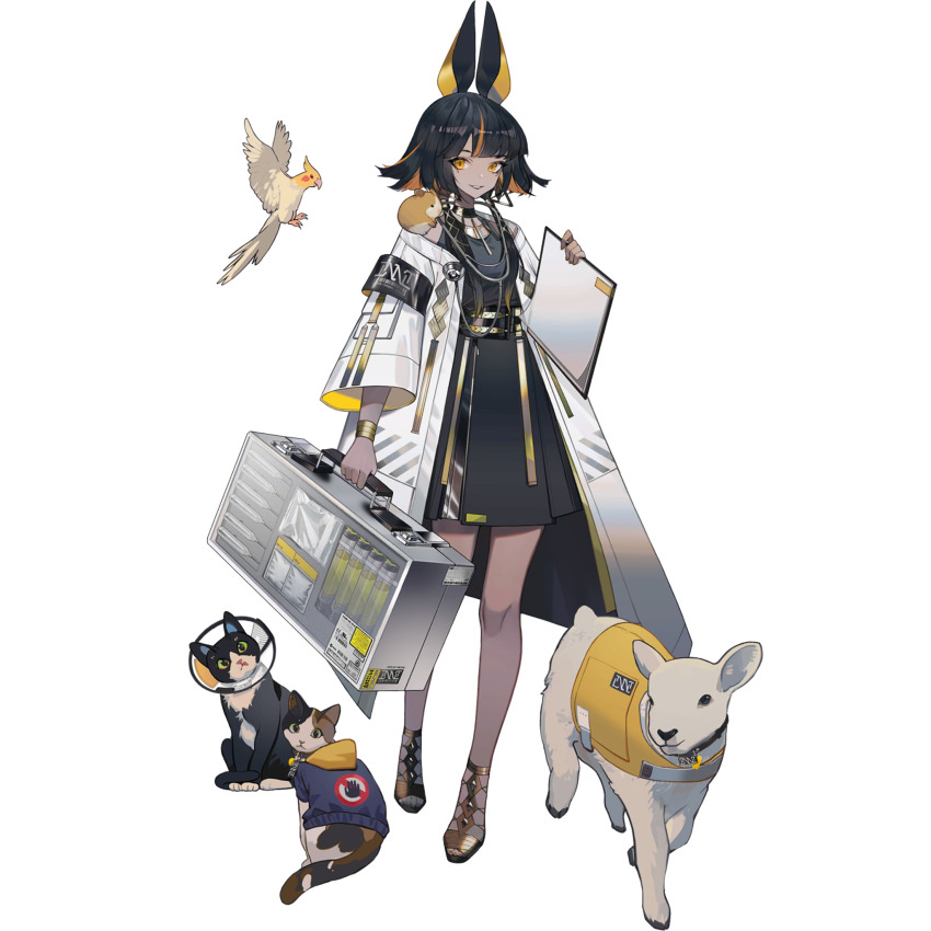 1girl, animal, animal_ears, animal_on_shoulder, baby_animal, bird, bird_request, black_dress