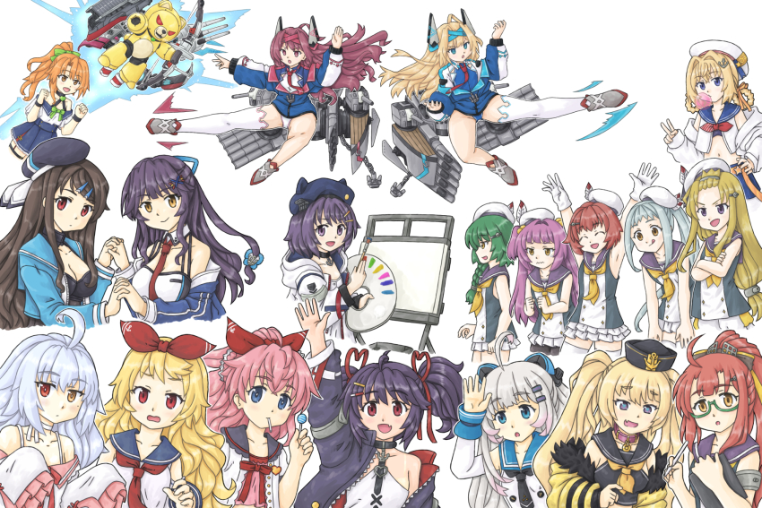 6+girls, :d, :q, ahoge, anchor, anchor_ornament, animal_ears, arms_up