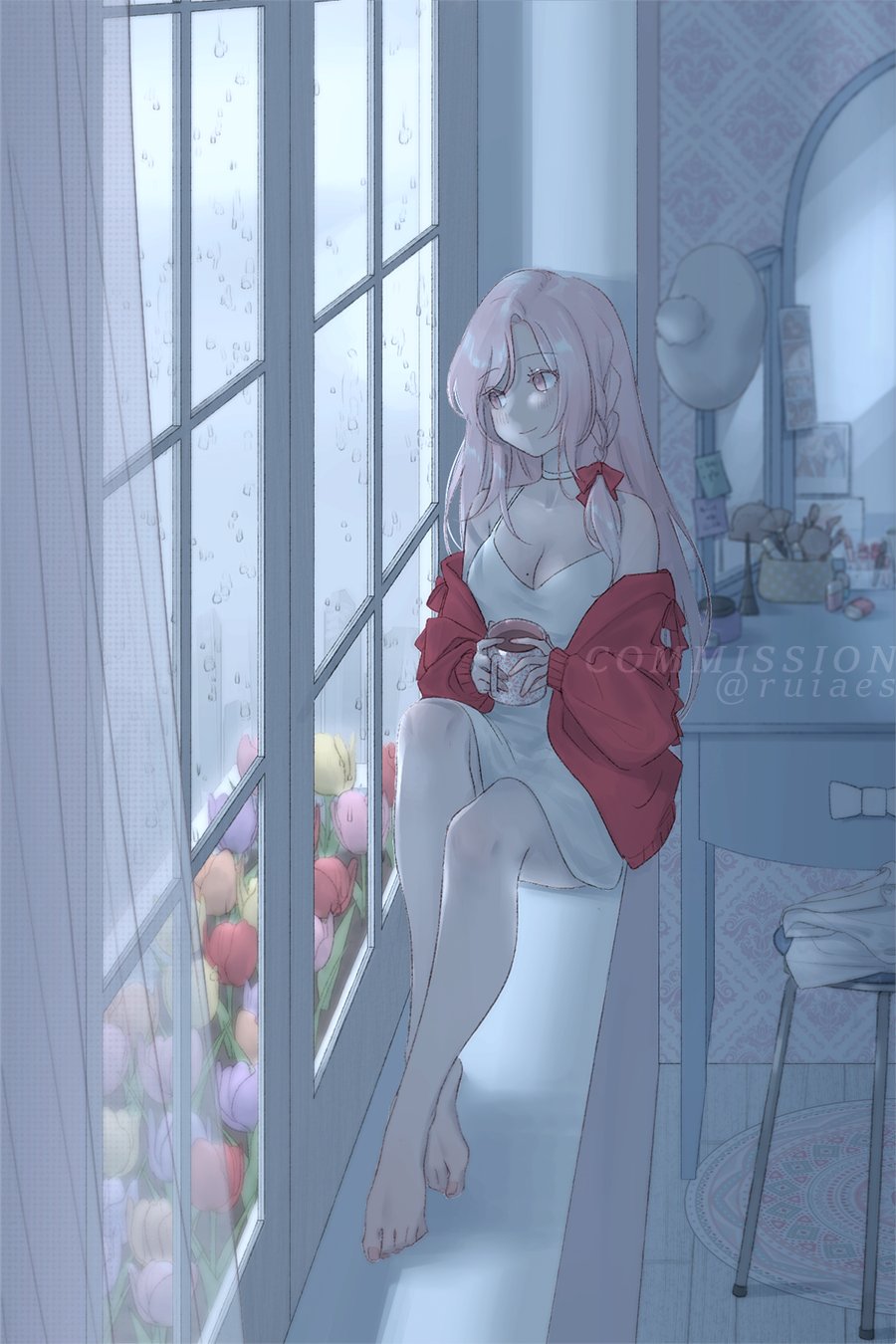 1girl, barefoot, beret, blush, breasts, cleavage, commentary, cup