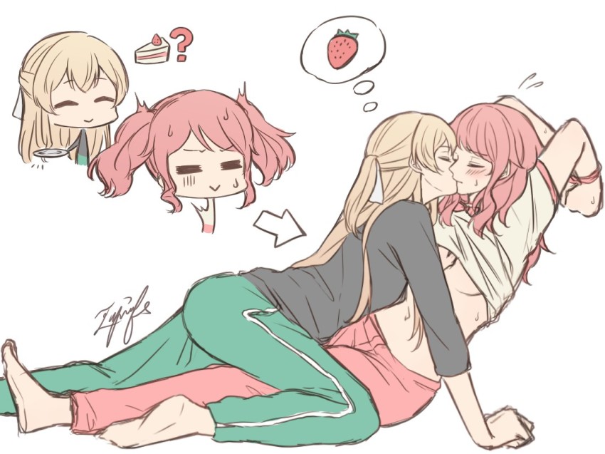 2girls, =_=, aiiro_bokujuu, arrow_(symbol), bang_dream!, bang_dream!_girls_band_party!, blonde_hair, blush, bound, bound_wrists, cake, cake_slice, closed_eyes, commentary_request, food, fruit, hand_under_clothes, hand_under_shirt, kiss, long_hair, maruyama_aya, multiple_girls, pink_hair, shirasagi_chisato, shirt, signature, speech_bubble, strawberry, thought_bubble, yuri